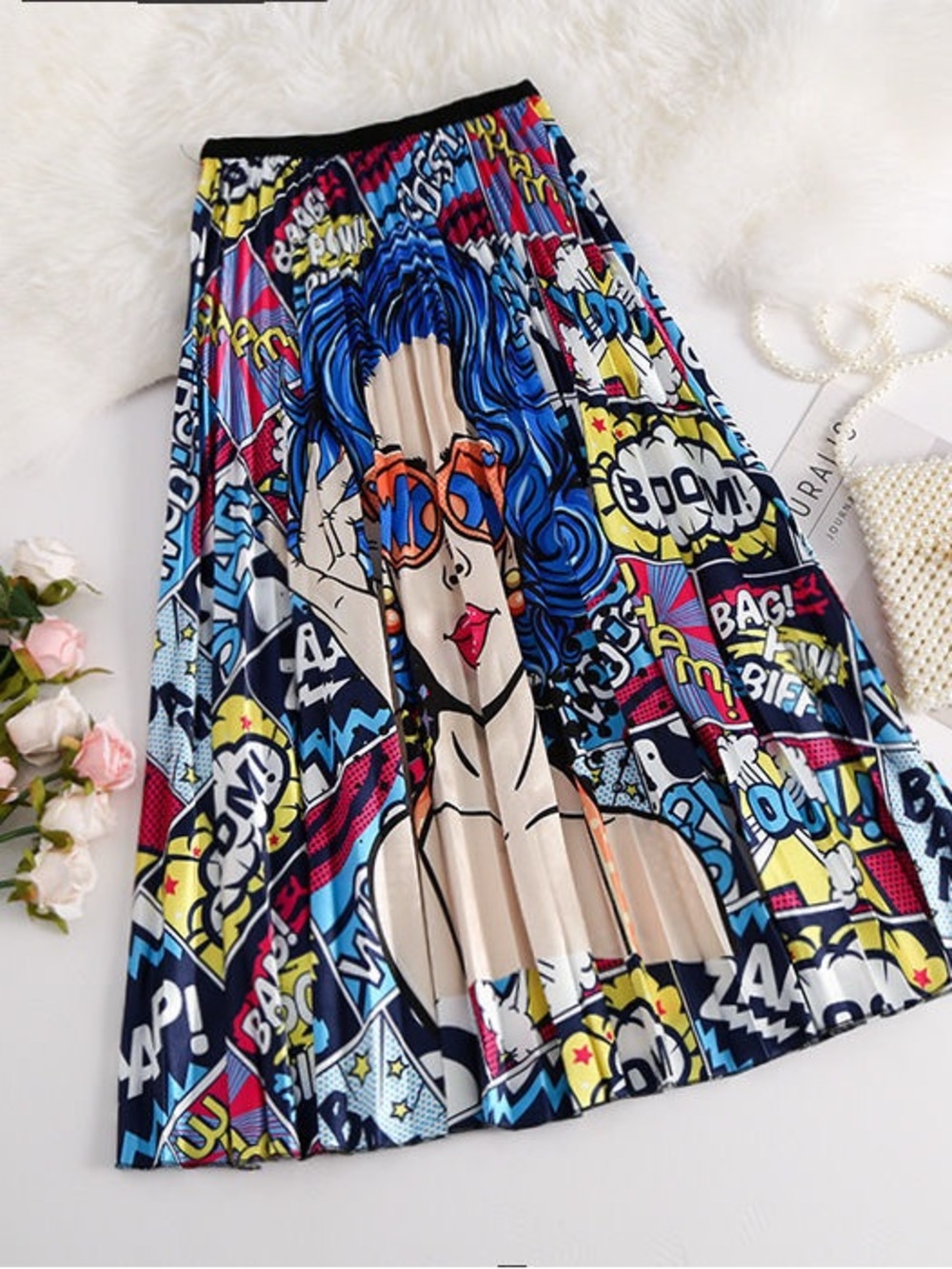 Graphic Pop Art Pleated Midi Skirt - Blue Multi